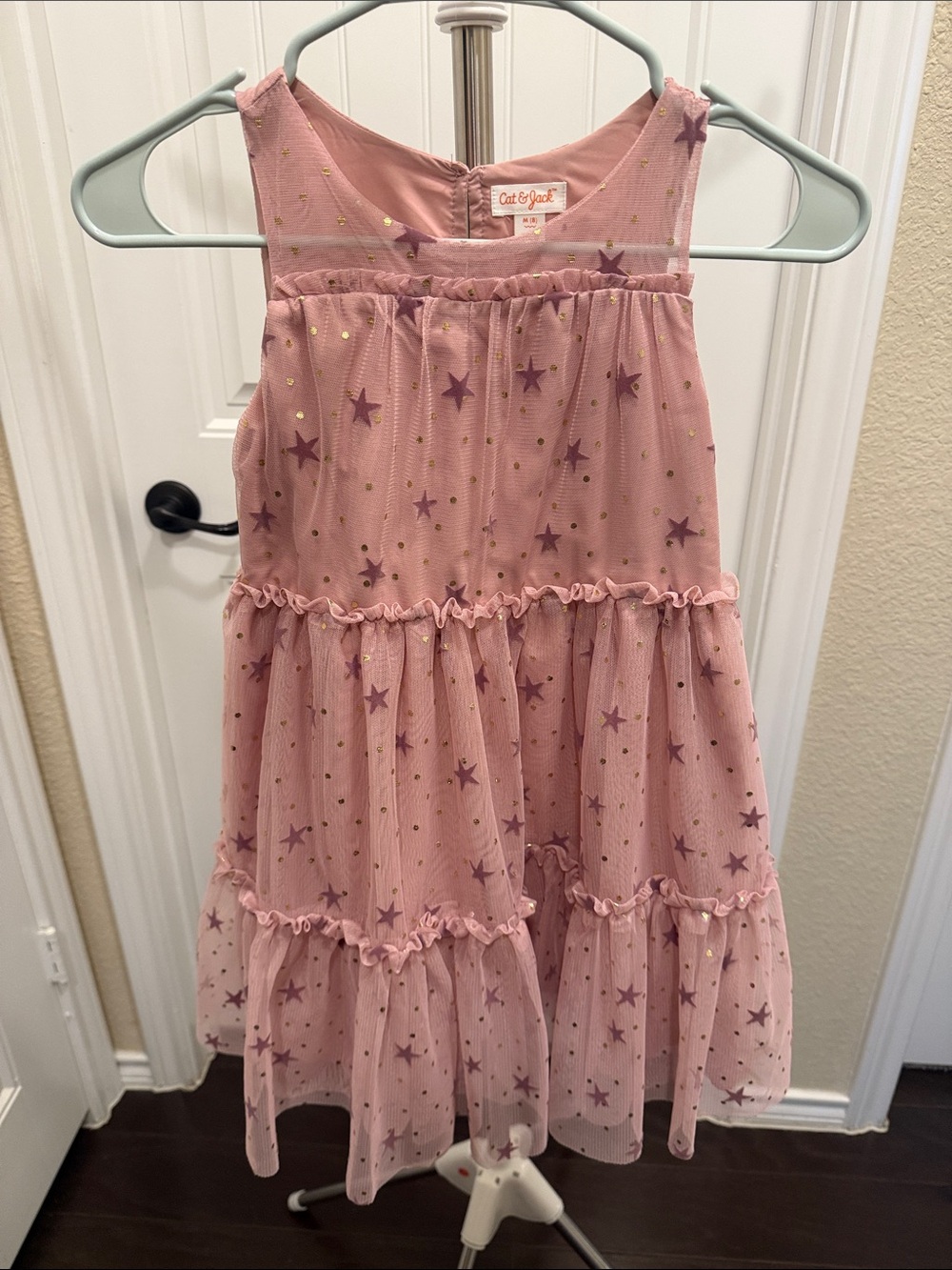 Cat & Jack Pink Mesh Tiered Dress with Velvet Stars and Gold Foil Dots